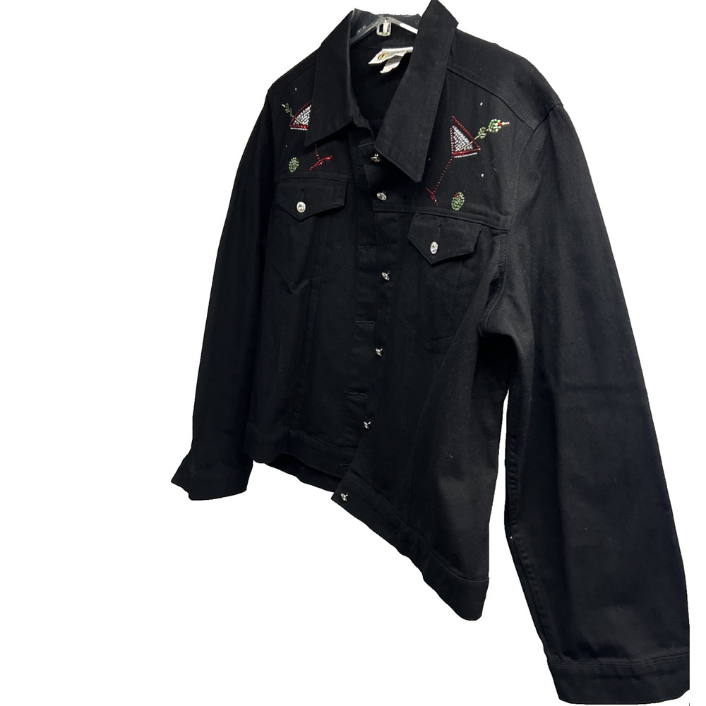 Christine Alexander Embellished Black Denim Bling Button Up Jacket XL Cocktails - Picture 3 of 9